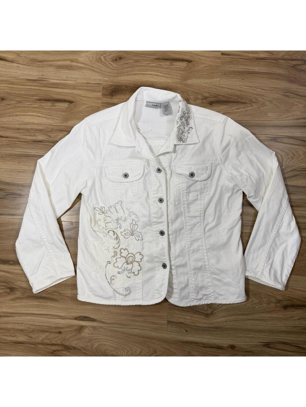 Chico's Platinum White Denim Embroidered Sequin Lace Jacket Size 2 US XL Boho